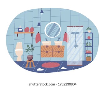 Moderno interior de baño con ducha, espejos y lavabos, accesorios. Concepto aislado en forma abstracta. Ilustración vectorial de estilo de escaneo plano