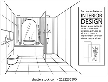 Modern bathroom interior sketch. Concept of house design. Outline drawing hotel room with sink, shower, bowl, mirror. Vector illustration.