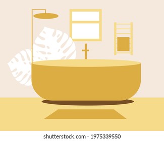 Modern bathroom interior, template for overlay. Flat vector stock illustration. Yellow walls and floor, bathroom with tap and fixtures. Stylish interior without people. Illustration for design