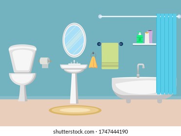 Modern bathroom interior with tub. Flat style, vector illustration design template