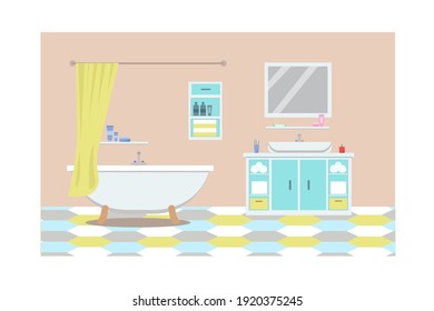 Modern bathroom interior with tub. Flat style, vector illustration design template