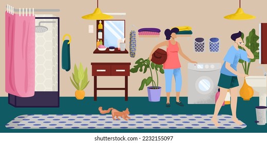 Modern bathroom interior, vector illustration. Hygiene room design. Stylish, bright room with mirror, shower, sink and furniture.