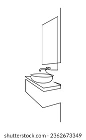 Modern bathroom interior with wash basin and mirror in continuous line art drawing style. Toilet room furniture black linear sketch isolated on white background. Vector illustration