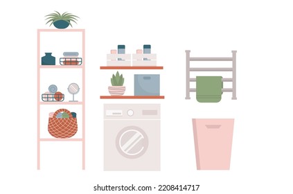 Modern bathroom an laundry interior design. Bath furniture, equipment and accessories.