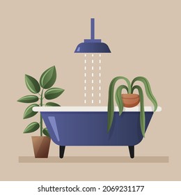 Modern bathroom with plants on light background. 