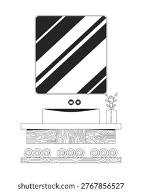 Modern bathroom sink with mirror 2D line object. Interior design. Home renovation furniture. Wash basin with wooden cabinet isolated clipart vector ink outline item. Monochrome spot illustration