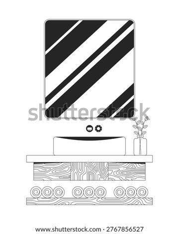 Modern bathroom sink with mirror 2D line object. Interior design. Home renovation furniture. Wash basin with wooden cabinet isolated clipart vector ink outline item. Monochrome spot illustration