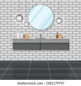 Modern bathroom with sink, mirror and various cosmetic products. Interior Vector