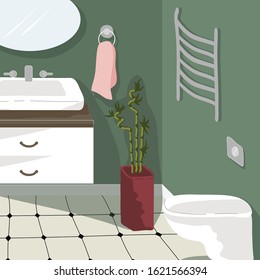 Modern bathroom with toilet. Cozy home interior with furniture and home decorations. Comfortable interior in decorated in Scandinavian style. Flat vector illustration.