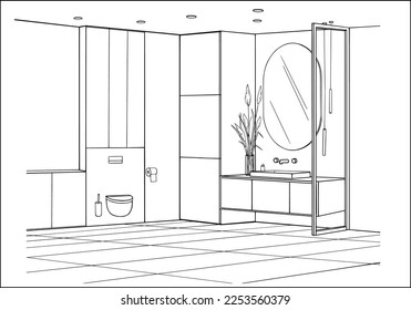 Modernes Bad und WC-Interieur. Line Sketch Design Wohnungsdekoration, Bad, Waschbecken, Waschbecken, Waschbecken, Spiegel, Dusche, Schrank und Pflanzen. Möbel und Dekoration der Waschräume in Vektorgrafik. 