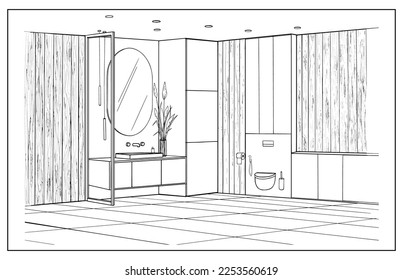 Modern bathroom and toilet interiors. Line sketch design home décor, bath, washbasin, sink, mirror, shower, cabinet and plants. Vector outline drawing washroom furniture and decoration. 