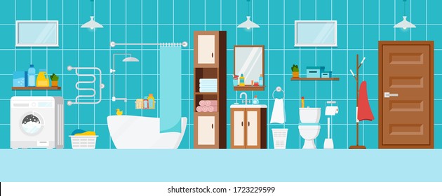 Modern bathroom with toilet and washing machine interior scene. House room with bathroom furniture, mirror, towels, heated towel rail, child duck, sanitary. Flat design cartoon vector illustration.