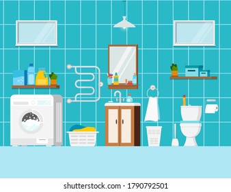 Modern bathroom with toilet and washing machine interior scene. House room with ceramic white toilet bowl, bathroom furniture, mirror,  heated towel rail. Flat design cartoon vector illustration.