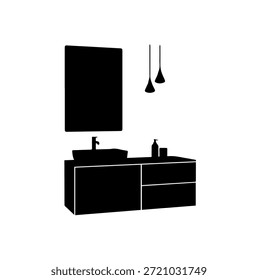 Unidade moderna da vaidade do banheiro com o espelho do dissipador do vaso e luzes do pingente de suspensão para a ilustração do vetor da silhueta interior