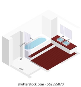 Modern bathroom with wooden floor in isometric perspective. Shower enclosure with sliding glass doors. Bathtub filled with water. Bathroom sinks with mirror. Vector sanitary washroom equipment.