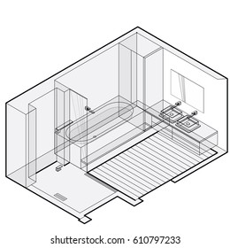 Modern bathroom with wooden floor in isometric perspective. Outlined shower enclosure with sliding glass door. Bathtub filled with water. Bathroom sinks with mirror. Vector sanitary washroom equipment