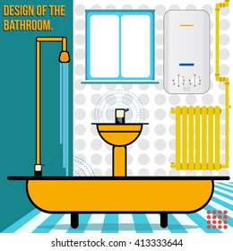 Modern bathroom in yellow in a minimalist style. Flat Design. Bathroom with bath, sink, battery, gas boiler. Vector Illustration. Room minimum content. yellow battery on the wall. one window. modern
