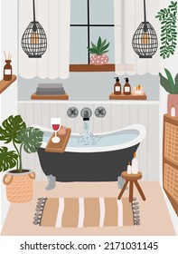 Modern bathroom with zones for toilet, bath and sinks. Trendy Scandinavian interior. Big window, house plants and furniture. 