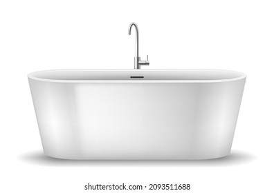 Modern bathtub element. Acrylic white tub for stylish bathroom interior isolated on white background. Realistic ceramic sink with faucet tap. 3d vector illustration