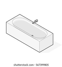 Modern bathtub filled with water. Outlined vector bath tub in isometric perspective. Isolated sanitary equipment purchased with modern water battery tap. Bathroom fixtures in family house apartment.