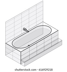Modern bathtub filled with water. Outlined vector bath tub in isometric perspective. Isolated sanitary equipment purchased with modern water battery tap. Bathroom fixtures in family house apartment.
