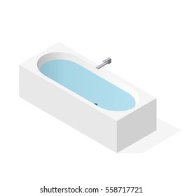 Modern bathtub filled with water. Vector bath tub in isometric perspective. Isolated sanitary equipment purchased with modern water battery tap. Rectangular bathroom fixtures in family house apartment