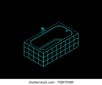 Modern bathtub. Isolated on black background. Vector outline illustration. Isometric projection.