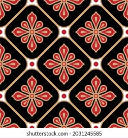 Modern Batik pattern, colorful decorative damask wallpaper, Paisley print elements, beautiful of art Malaysian and Indonesian seamless design, Vintage floral background, Red and gold India backdrop