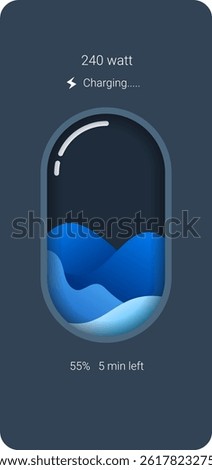 Modern battery charging animation concept featuring a capsule-style liquid level indicator with dynamic blue waves