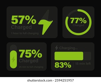 Modern battery charging indicators bars in a futuristic dark UI. Green charging signs with percentage levels of charge and time to full charging. Perfect for UI UX design, web, mobile app or device
