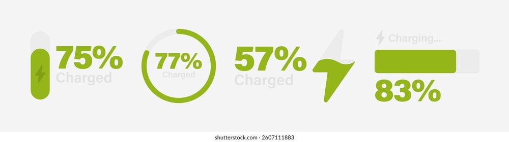 Modern battery charging indicators in a light gray. Green charging signs with percentage levels of charge. Perfect for UI UX design, web, mobile app or device