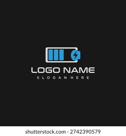 Modern battery charging logo design featuring a lightning bolt icon, symbolizing energy, power, and technological innovation. Ideal for electronics and sustainable energy brands.