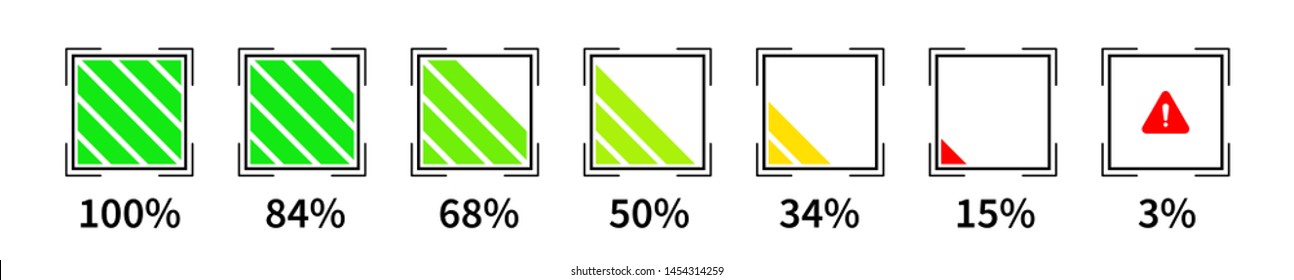Modern battery indicator for various types of smart devices. Vector square battery charge indicator design. Element for interface design.