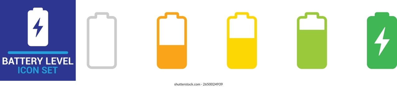 Modern battery level icon set with energy, charge, full, empty, low and power symbols. Perfect for mobile app, tech, charging station, renewable energy, and UI design projects.