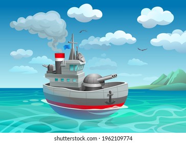 Modern Battleship With Guns. Frigate-class Warship, Destroyer.