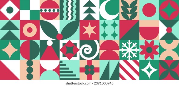 Modern bauhaus Christmas pattern, background with graphic tiles with abstract drawings of symbols of the holiday, fir tree, gifts, hat, star, moon, basic geometric shapes. Vector illustration.