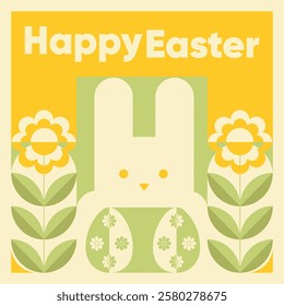 Modern Bauhaus Geometric style Happy Easter Yellow color Abstract background with Cute Bunny and Spring Flower. Vector Easter illustrations. Easter egg, rabbit. Perfect for poster, cover, or postcard