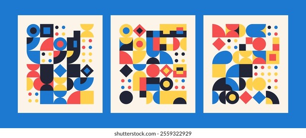 Modern Bauhaus Poster Set Abstract Art with Shapes, Colors, and Lines in Vector Format