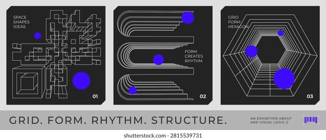 Modern bauhaus poster style with white 3d isometric geometric shapes and bright purple spheres on dark background. Swiss modern music festival poster concept