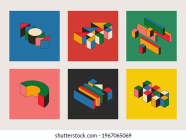 Modern bauhaus posters with 3d isometric shapes. Set of cards with abstract geometric elements. Vector illustration