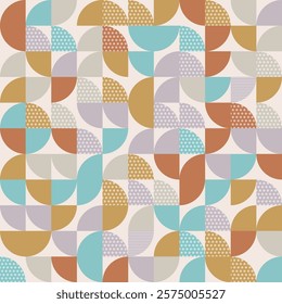 Modern Bauhaus semicircles seamless pattern with dot and lines textures. Geometric pattern, tile, mosaic background.