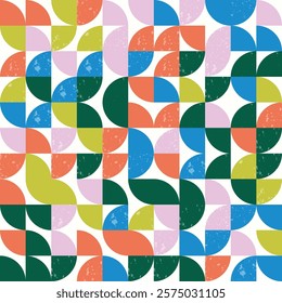 Modern Bauhaus semicircles seamless pattern with grunge textures. Geometric pattern, tile, mosaic background.