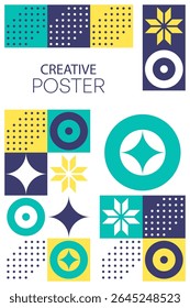 A modern Bauhaus-inspired poster featuring bold geometric shapes and a stylish color palette. Ideal for fans of abstract design, retro aesthetics, and modular patterns