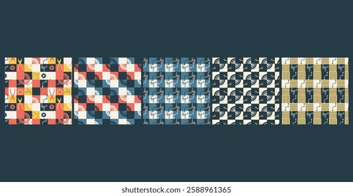 A modern Bauhaus-inspired seamless pattern bundle featuring bold geometric shapes and primary colors, perfect for fabric, wallpaper, packaging, and contemporary design projects.