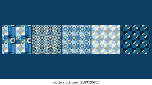 A modern Bauhaus-inspired seamless pattern bundle featuring bold geometric shapes and primary colors, perfect for fabric, wallpaper, packaging, and contemporary design projects.