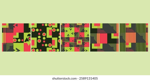 A modern Bauhaus-inspired seamless pattern bundle featuring bold geometric shapes and primary colors, perfect for fabric, wallpaper, packaging, and contemporary design projects.