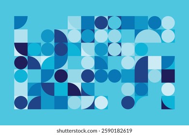 A modern Bauhaus-style background featuring geometric circles and squares in shades of blue. This abstract composition blends simplicity with structure, creating a visually engaging design.