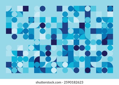 A modern Bauhaus-style background featuring geometric circles and squares in shades of blue. This abstract composition blends simplicity with structure, creating a visually engaging design.