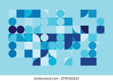 A modern Bauhaus-style background featuring geometric circles and squares in shades of blue. This abstract composition blends simplicity with structure, creating a visually engaging design.