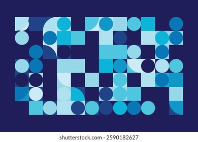 A modern Bauhaus-style background featuring geometric circles and squares in shades of blue. This abstract composition blends simplicity with structure, creating a visually engaging design.